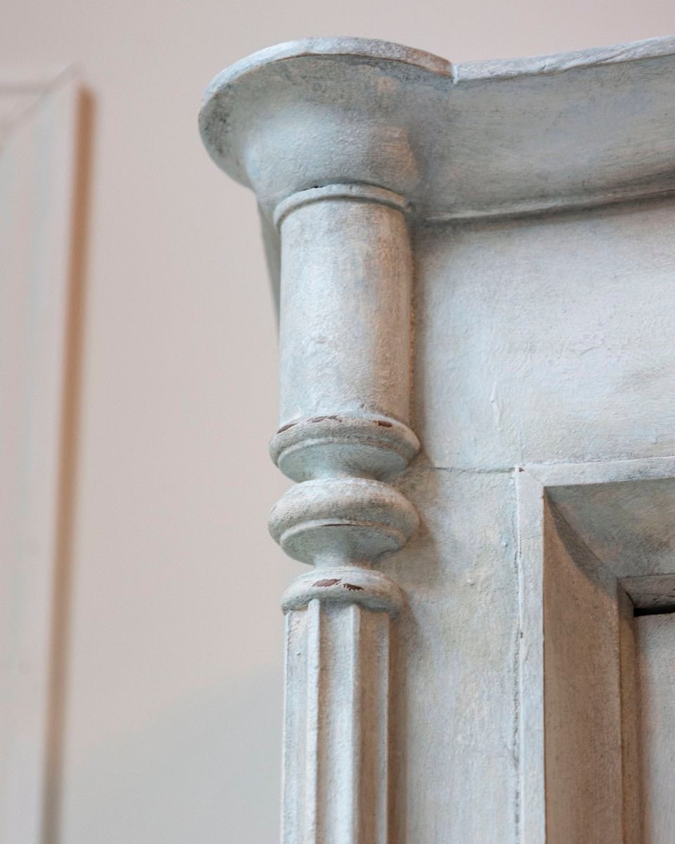 Italian 19th Century Blue Lacquered Cherrywood Wardrobe with Turned Columns and Original Cremonese Hardware - JAA