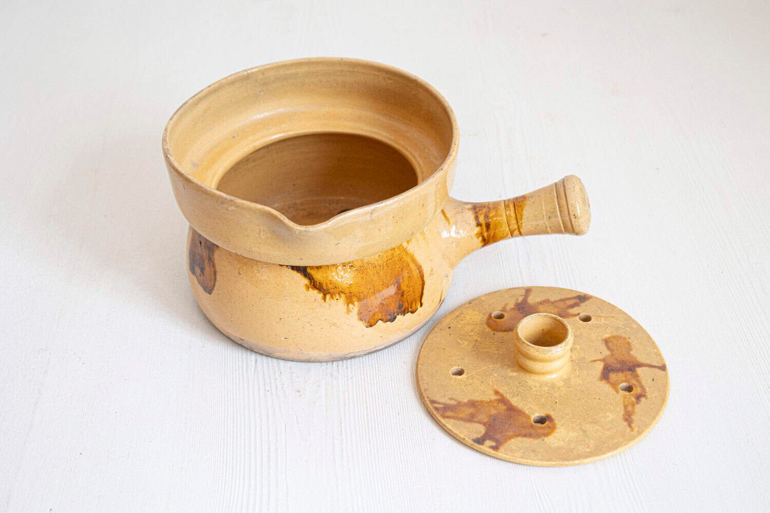 French 19th Century Yellow Glazed Pottery Steamer with Lid and Rust Accents - JAA