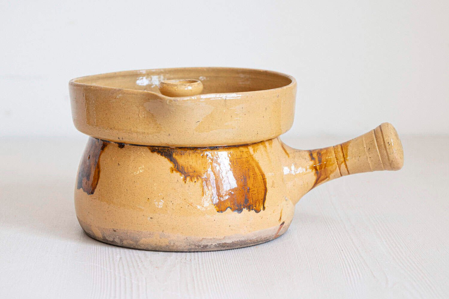 French 19th Century Yellow Glazed Pottery Steamer with Lid and Rust Accents - JAA