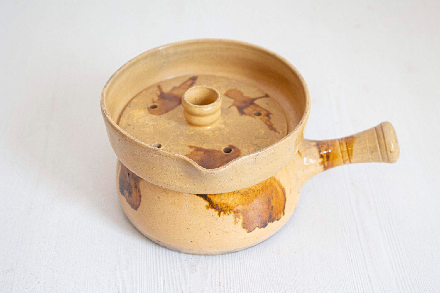 French 19th Century Yellow Glazed Pottery Steamer with Lid and Rust Accents - JAA