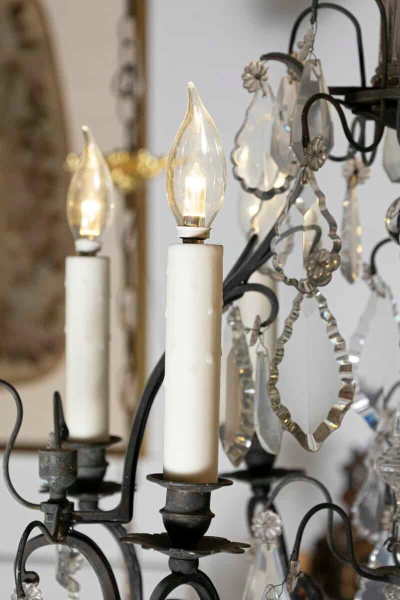 French 19th Century Crystal and Iron Six-Light Chandelier with Pendeloques - JAA