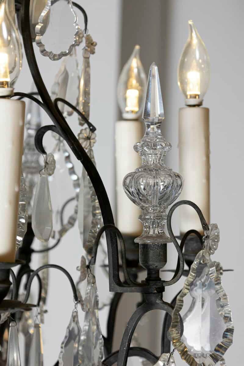 French 19th Century Crystal and Iron Six-Light Chandelier with Pendeloques - JAA