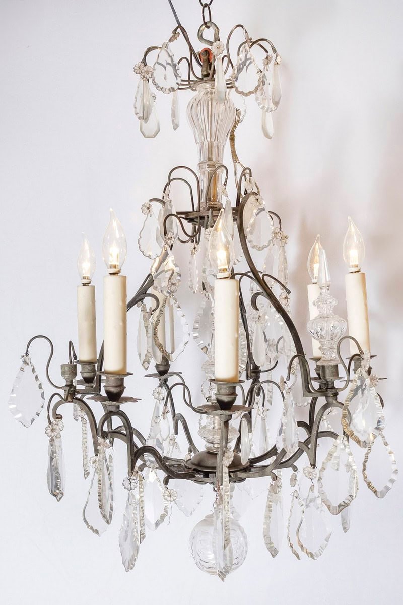 French 19th Century Crystal and Iron Six-Light Chandelier with Pendeloques - JAA
