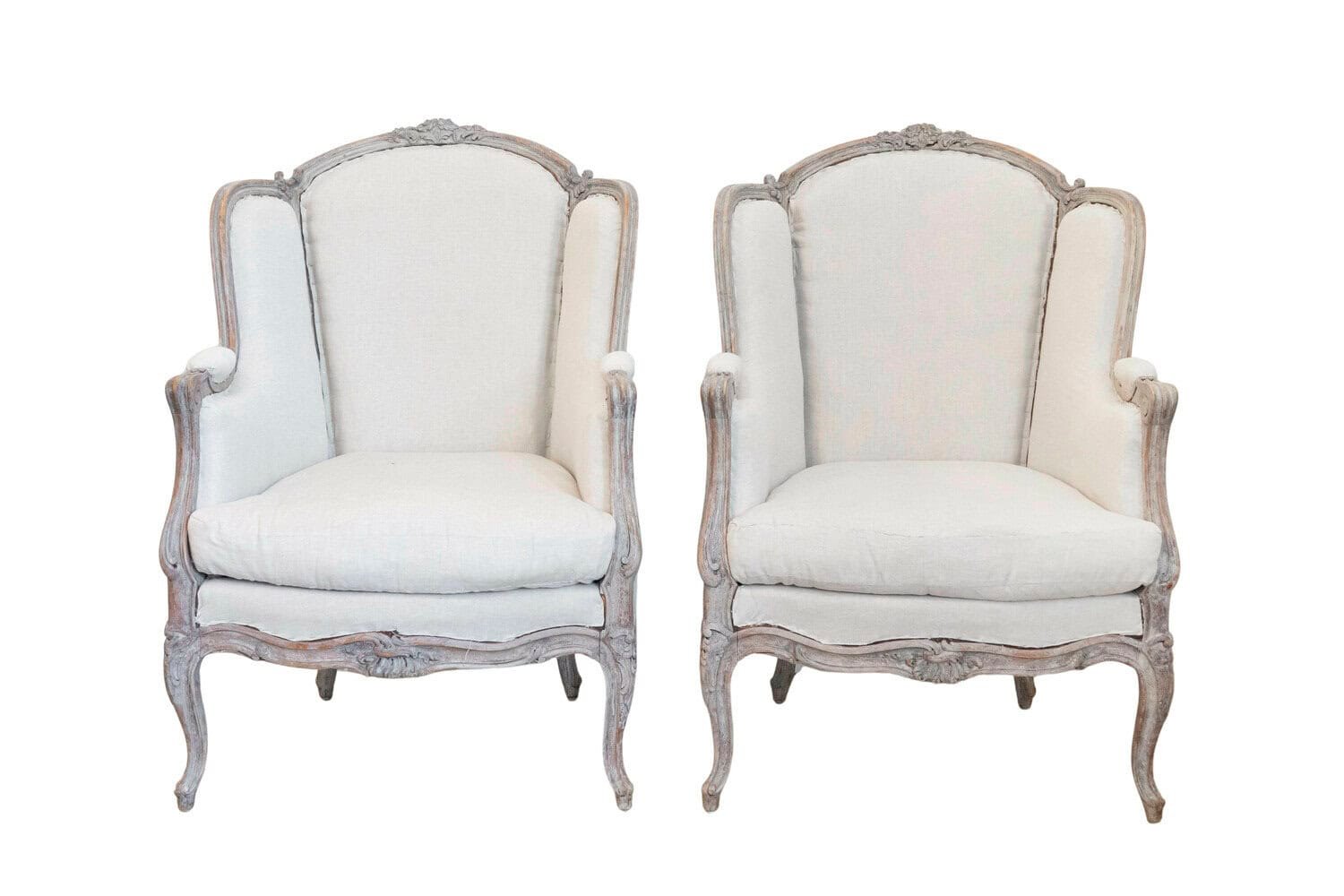 French Louis XV Style 1880s Painted Bergère Chairs with Carved Floral Motifs - JAA
