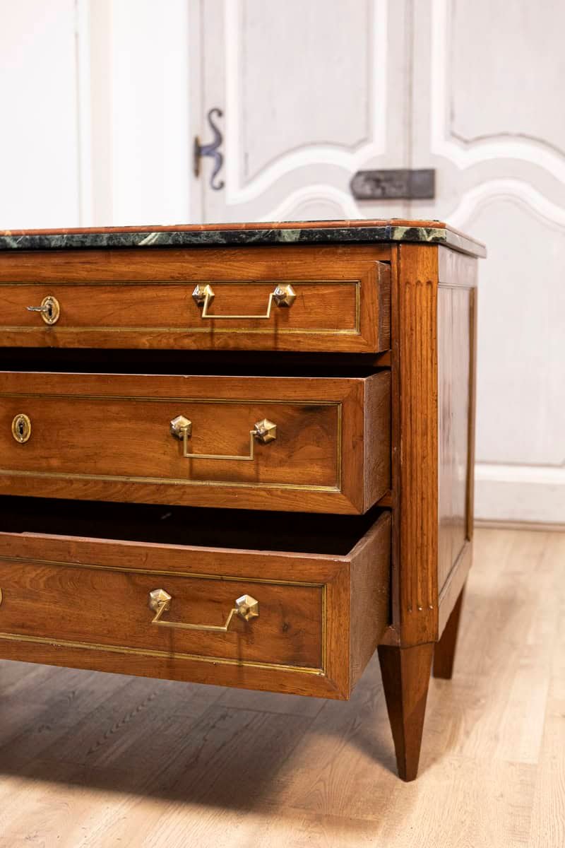 Italian Piemontese 1890s Three-Drawer Walnut Commode with Dark Green Marble Top - JAA