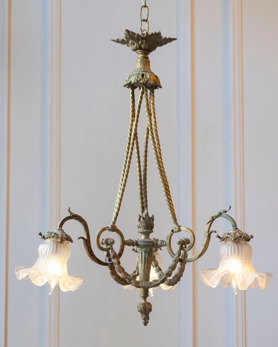 French Louis XVI Style 19th Century Bronze Three-Light Chandelier with Torch - JAA