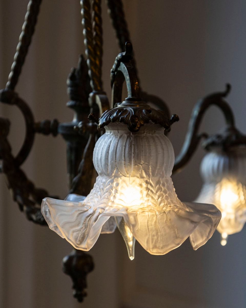 French Louis XVI Style 19th Century Bronze Three-Light Chandelier with Torch - JAA