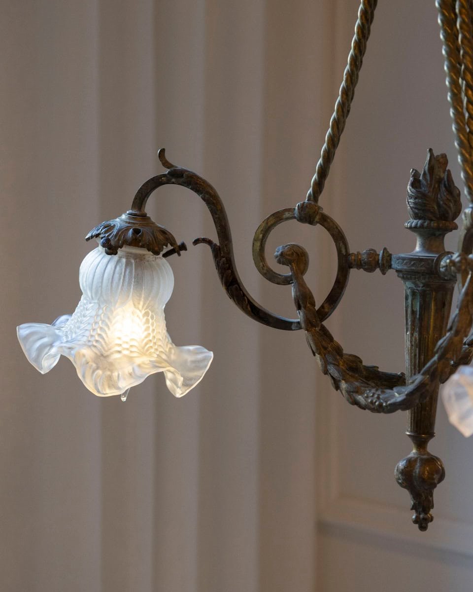 French Louis XVI Style 19th Century Bronze Three-Light Chandelier with Torch - JAA