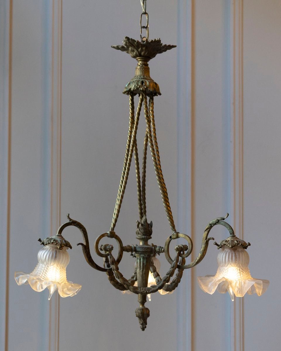 French Louis XVI Style 19th Century Bronze Three-Light Chandelier with Torch - JAA
