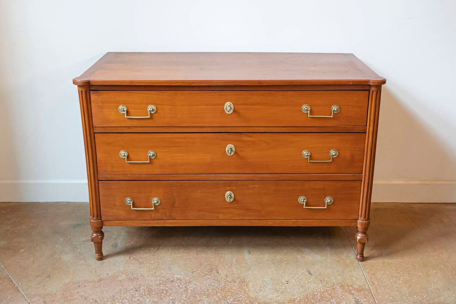 French 1790s Louis XVI Period Three-Drawer Cherry Commode with Brass Hardware - JAA