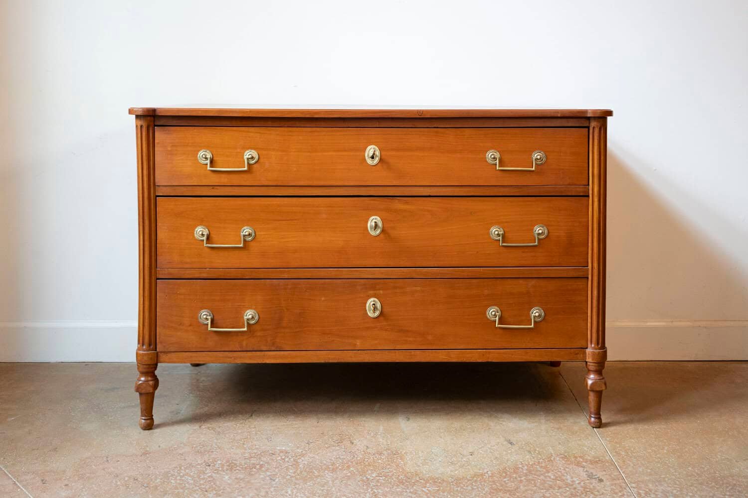 French 1790s Louis XVI Period Three-Drawer Cherry Commode with Brass Hardware - JAA