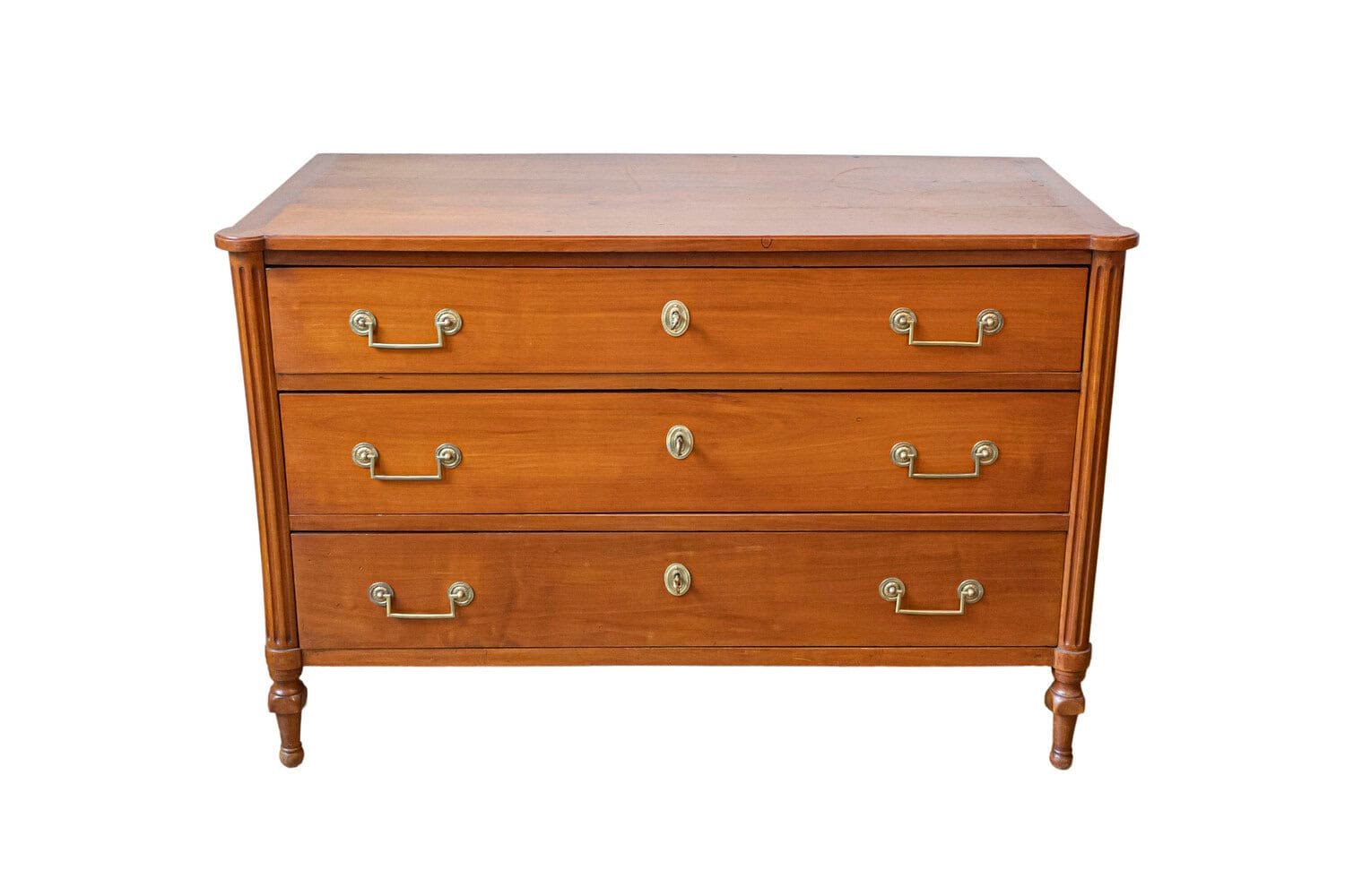 French 1790s Louis XVI Period Three-Drawer Cherry Commode with Brass Hardware