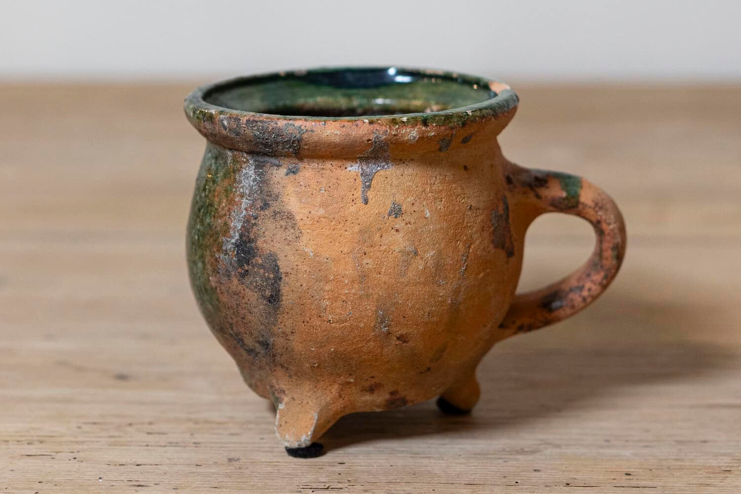 French Provincial 19th Century Green Glazed Pottery with Tripod Base and Handle - JAA