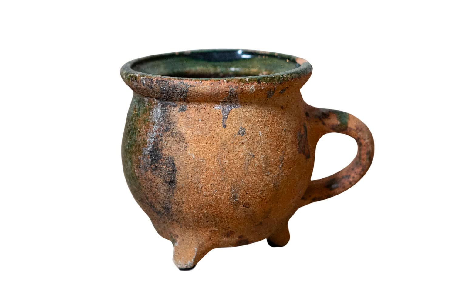 French Provincial 19th Century Green Glazed Pottery with Tripod Base and Handle