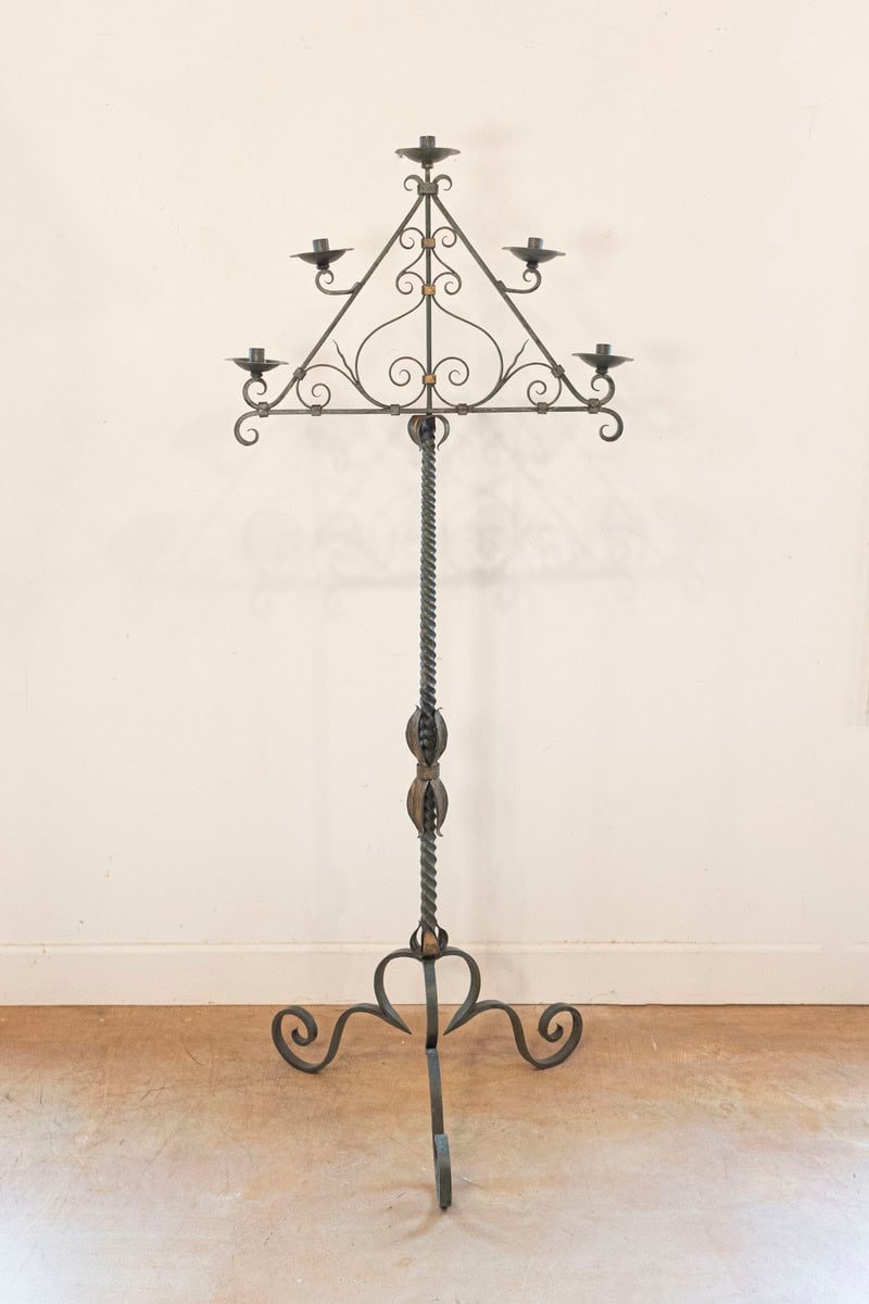 French Wrought Iron Five Light Candelabra with Celadon Lacquer and Gilt Accents - JAA