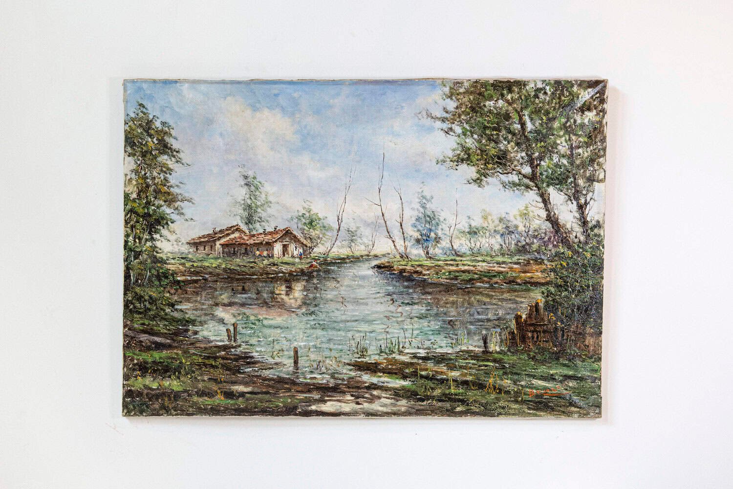 Austrian Oil Painting by Anton Brioschi Depicting a Hamlet Along a Stream - JAA