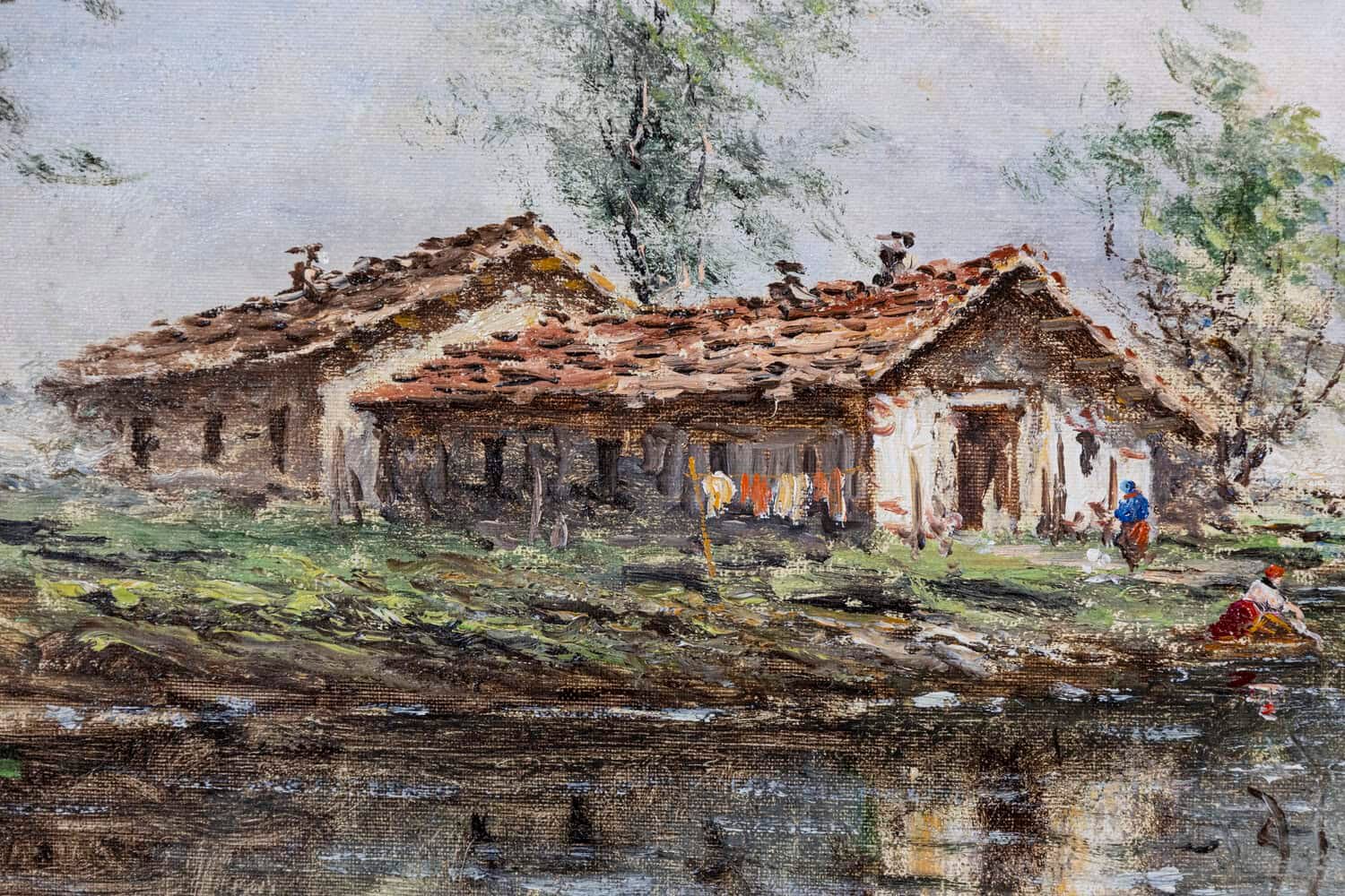 Austrian Oil Painting by Anton Brioschi Depicting a Hamlet Along a Stream - JAA
