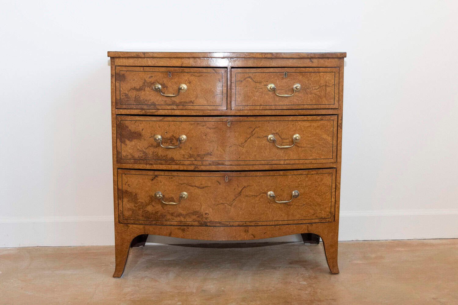 English Burr Walnut Bow Front Chest of Drawers circa 1870 with Bookmatch Veneer - JAA