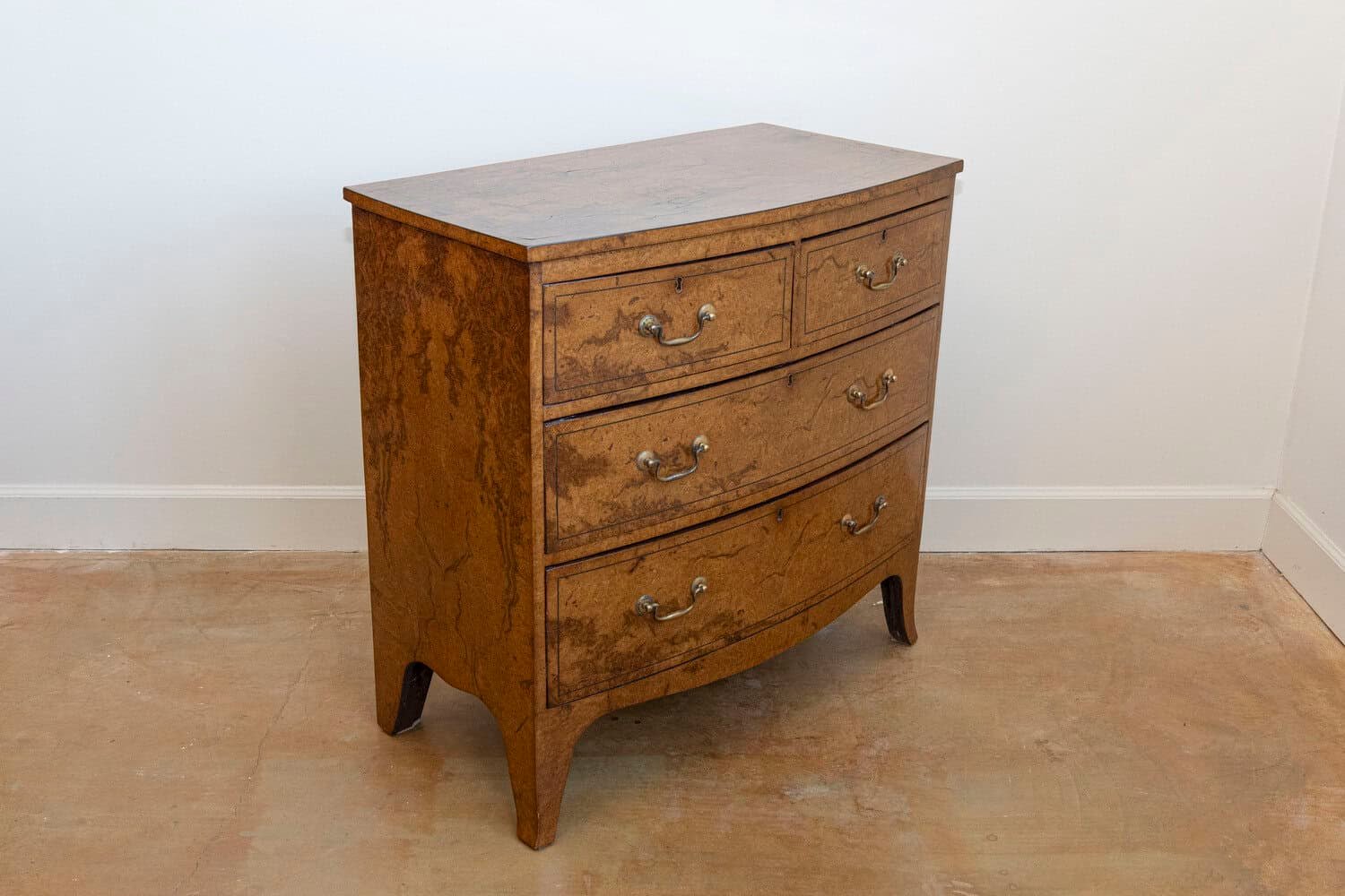 English Burr Walnut Bow Front Chest of Drawers circa 1870 with Bookmatch Veneer - JAA