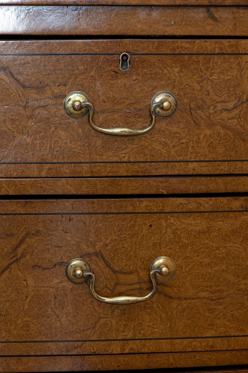 English Burr Walnut Bow Front Chest of Drawers circa 1870 with Bookmatch Veneer - JAA