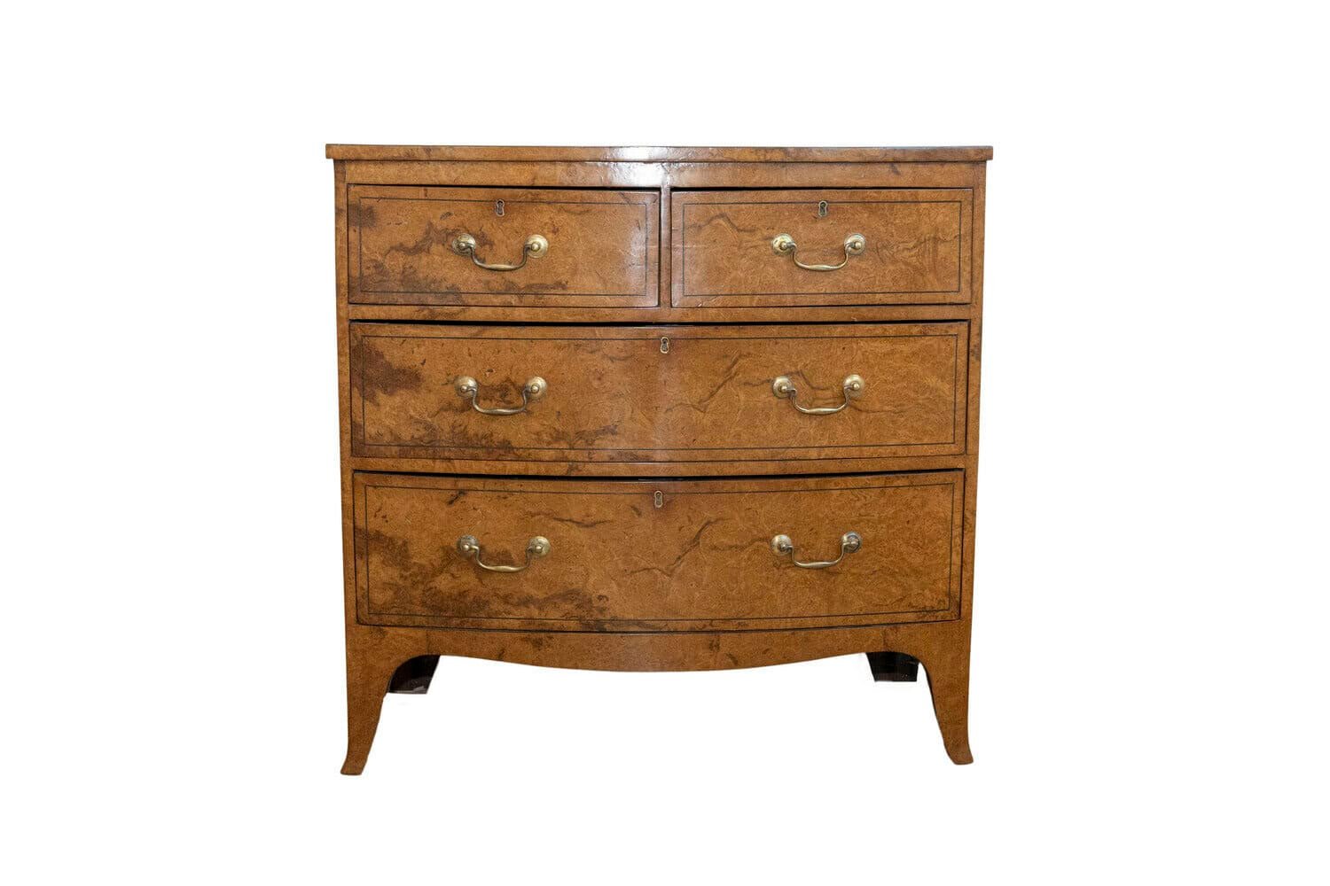 English Burr Walnut Bow Front Chest of Drawers circa 1870 with