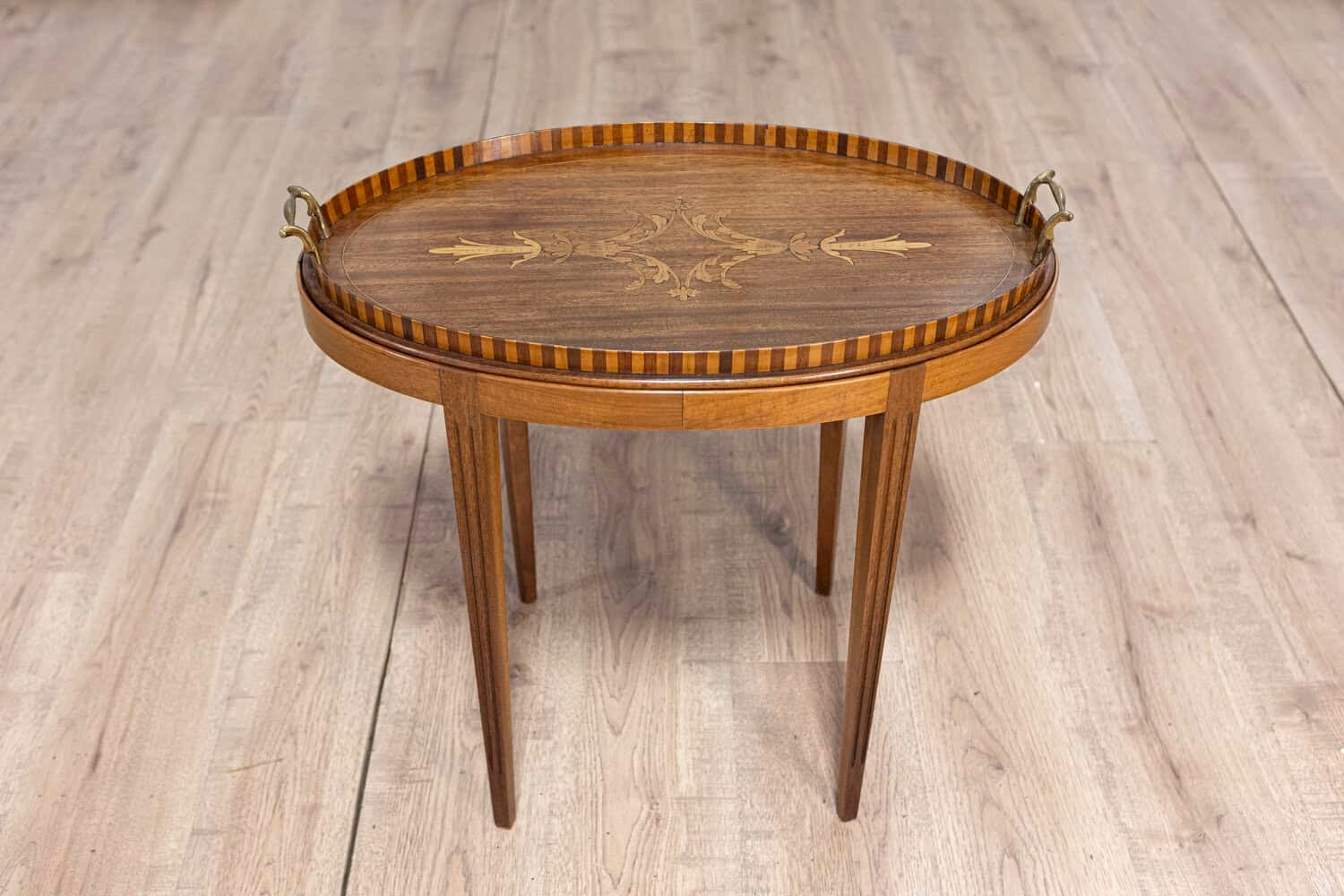 Danish 1900s Walnut Tray Table with Ash Foliage Marquetry and Removable Top - JAA