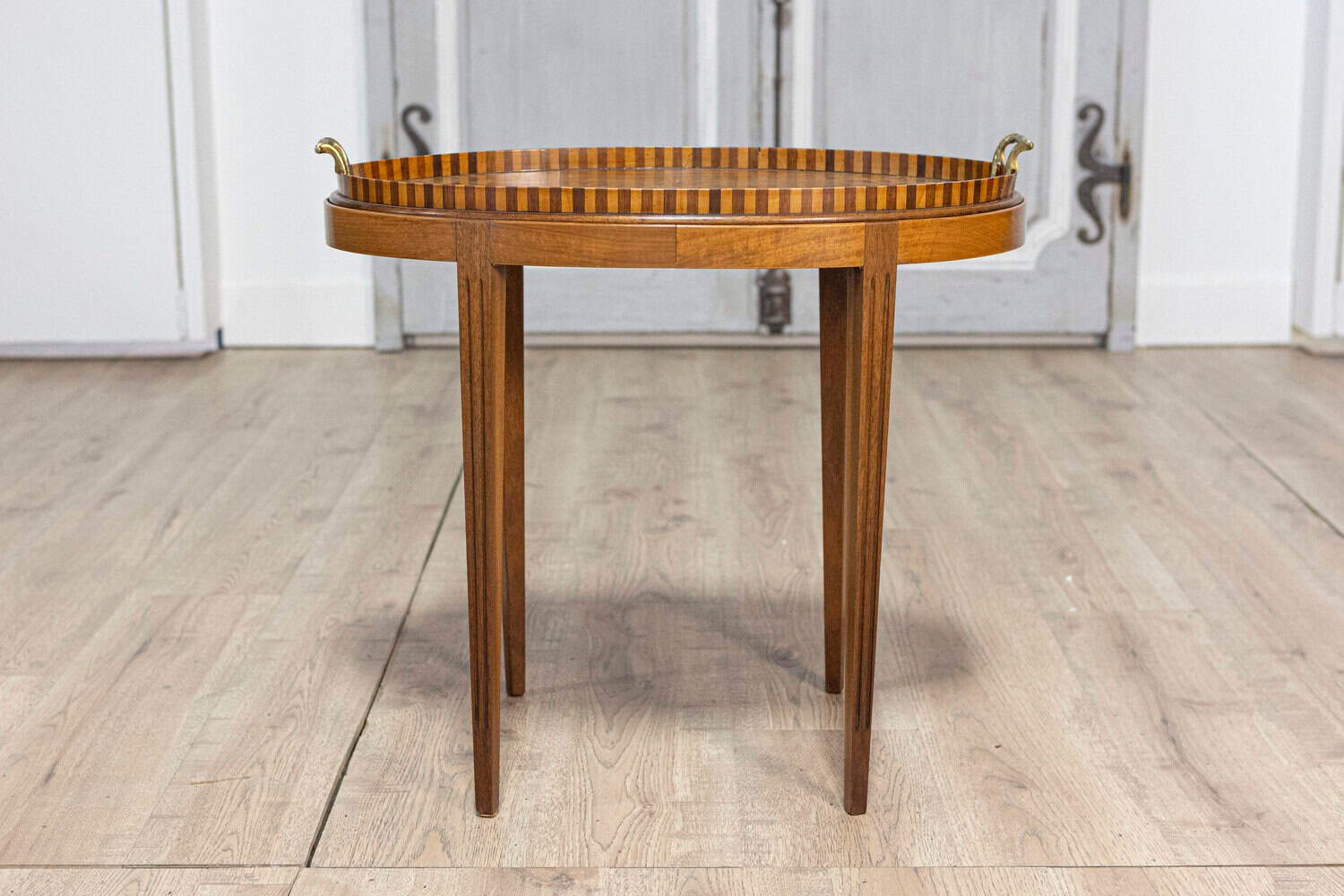 Danish 1900s Walnut Tray Table with Ash Foliage Marquetry and Removable Top - JAA