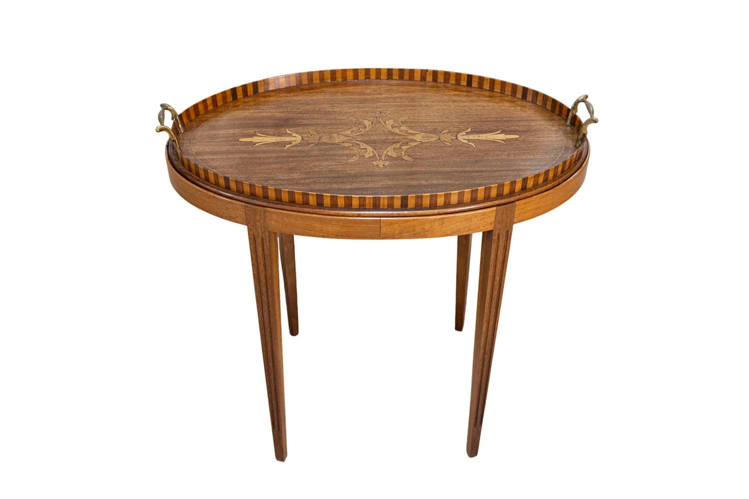 Danish 1900s Walnut Tray Table with Ash Foliage Marquetry and Removable Top