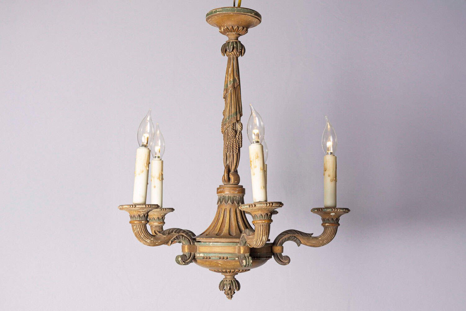 20th-Century French Wooden Chandelier with Candle-Style Fixtures - JAA