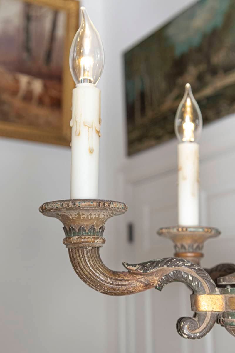 20th-Century French Wooden Chandelier with Candle-Style Fixtures - JAA