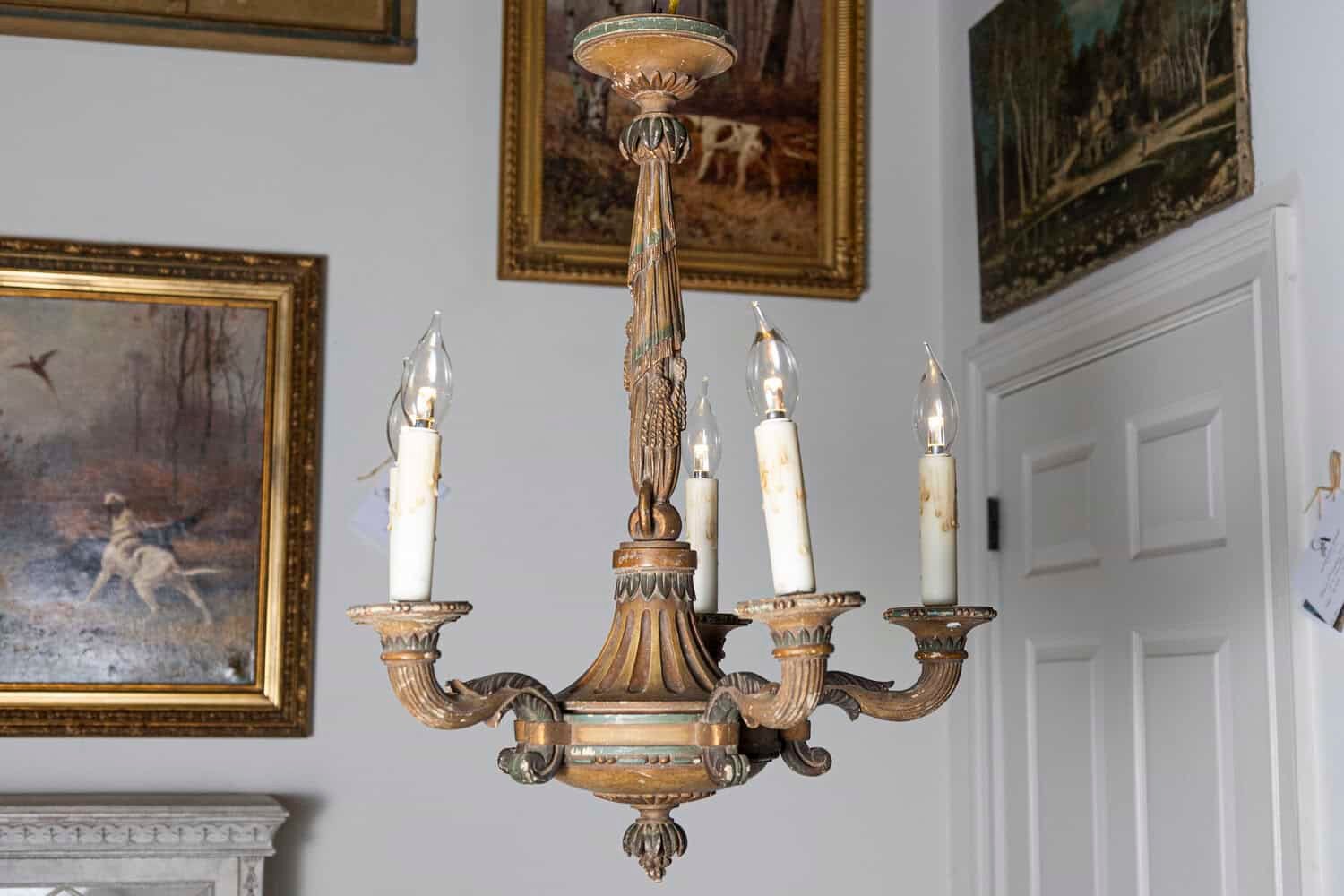 20th-Century French Wooden Chandelier with Candle-Style Fixtures - JAA