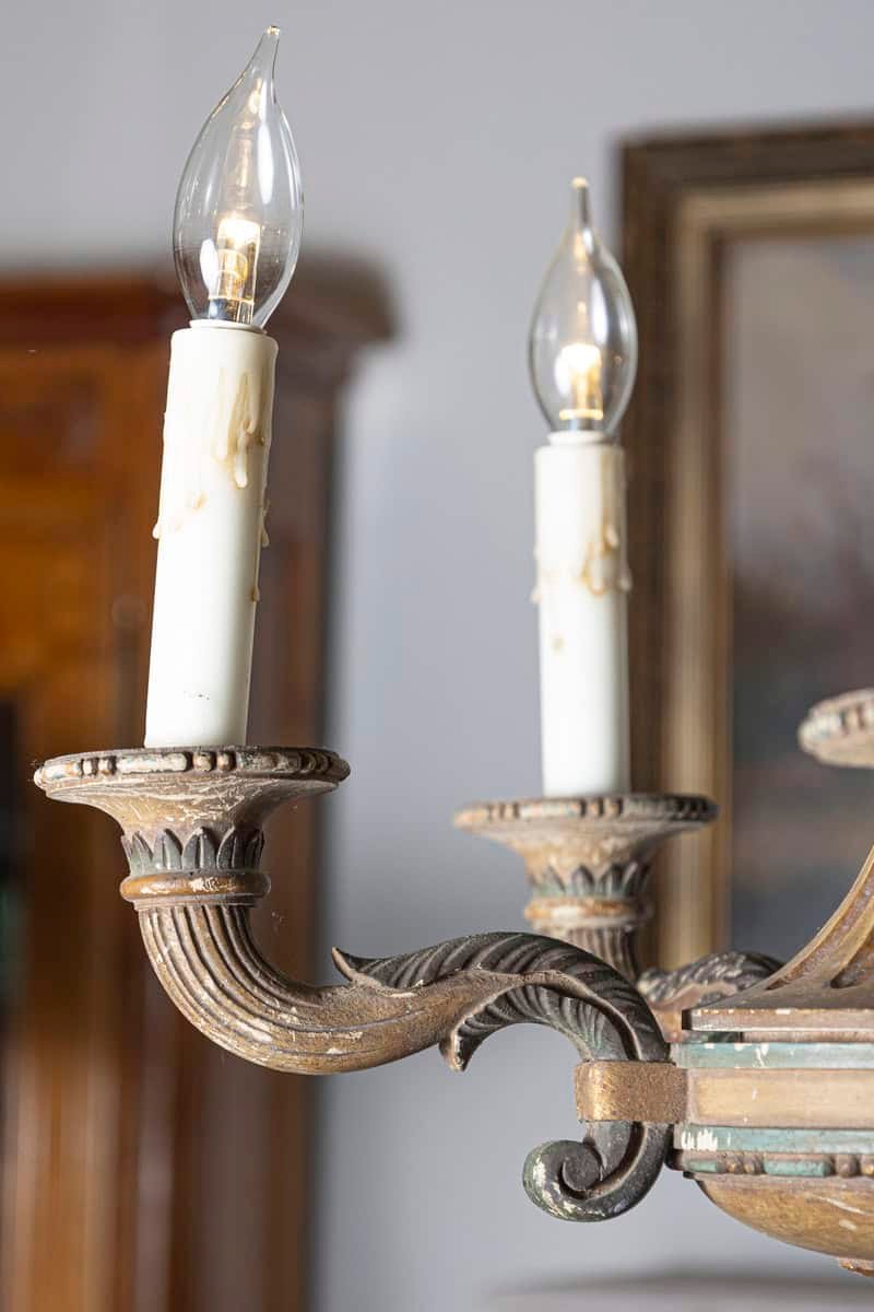 20th-Century French Wooden Chandelier with Candle-Style Fixtures - JAA