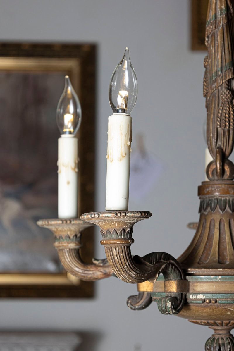 20th-Century French Wooden Chandelier with Candle-Style Fixtures - JAA