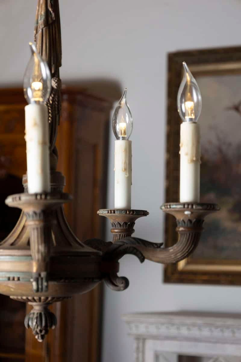 20th-Century French Wooden Chandelier with Candle-Style Fixtures - JAA