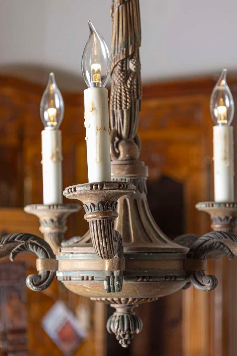 20th-Century French Wooden Chandelier with Candle-Style Fixtures - JAA