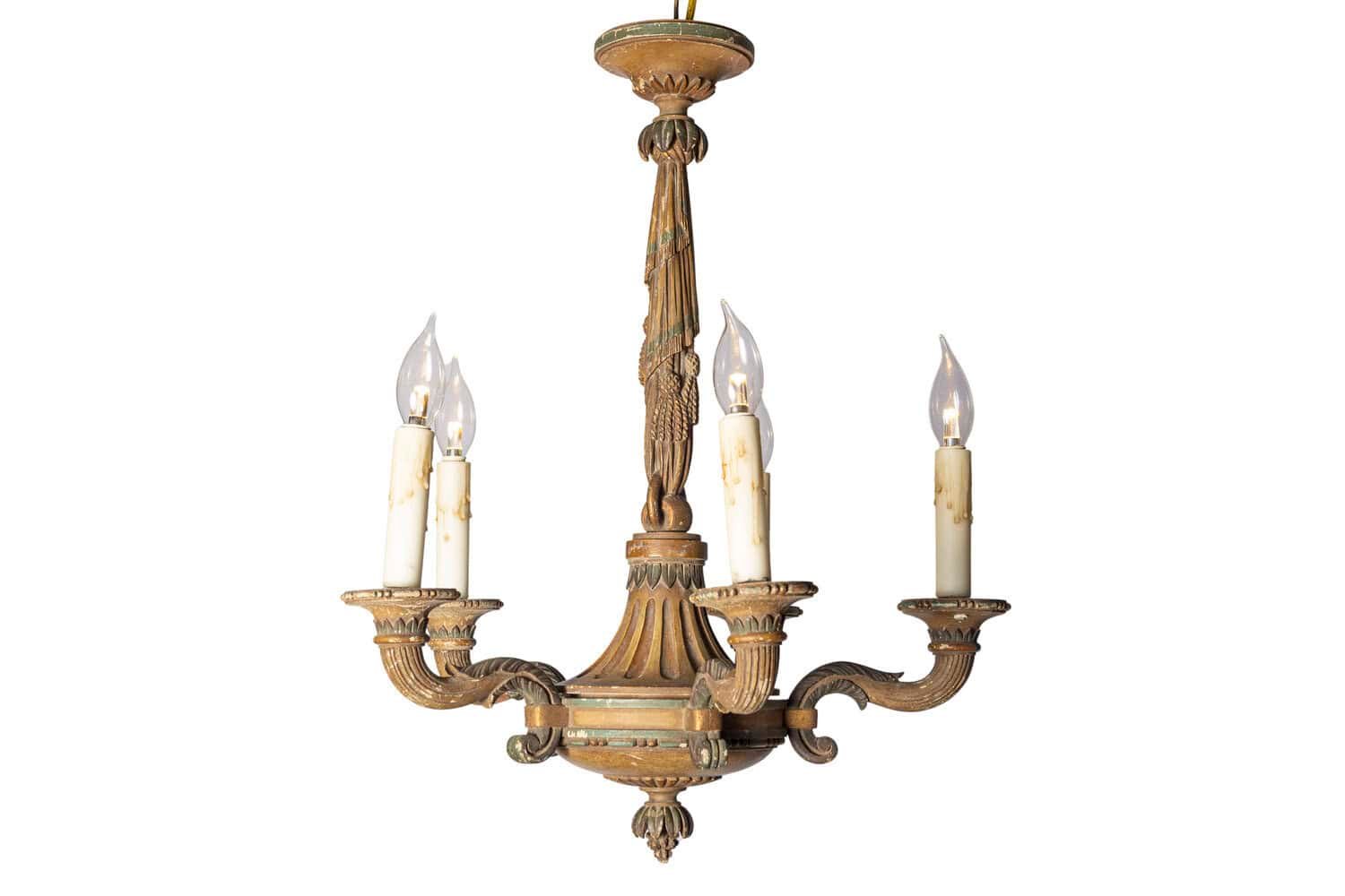 20th-Century French Wooden Chandelier with Candle-Style Fixtures