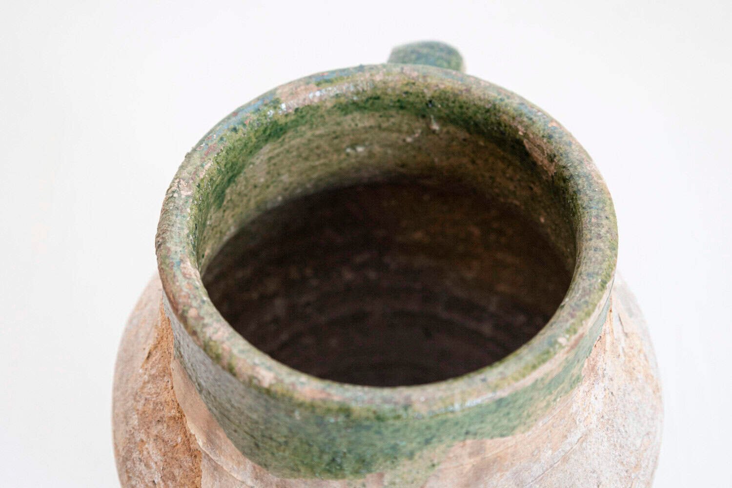 Small English 1930s Green Glazed Terracotta Olive Oil Jar with Back Handle - JAA