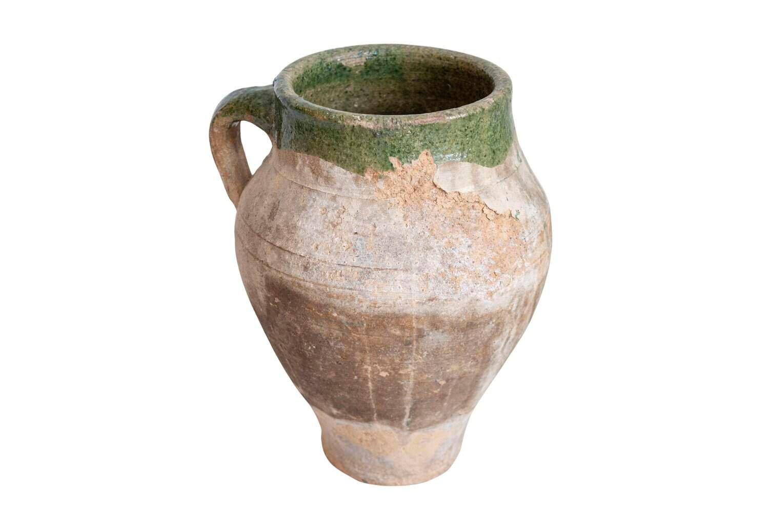 Small English 1930s Green Glazed Terracotta Olive Oil Jar with Back Handle