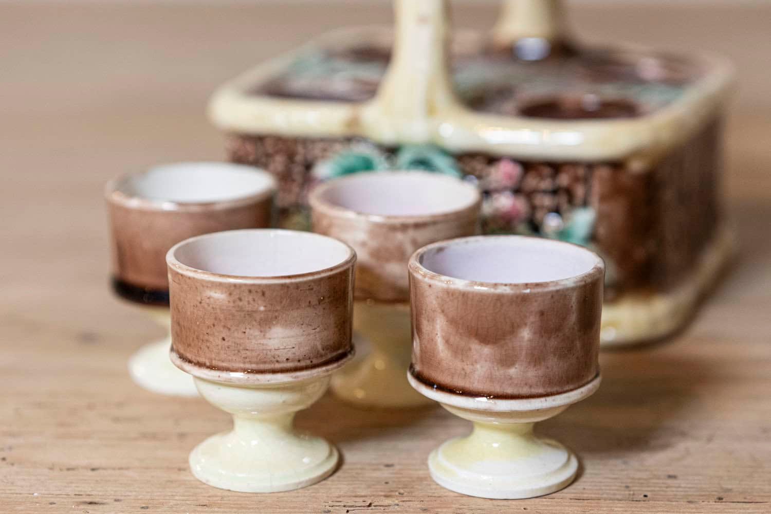 French 19th Century Rare Tea Set with Foliage Adorned Majolica Basket - JAA