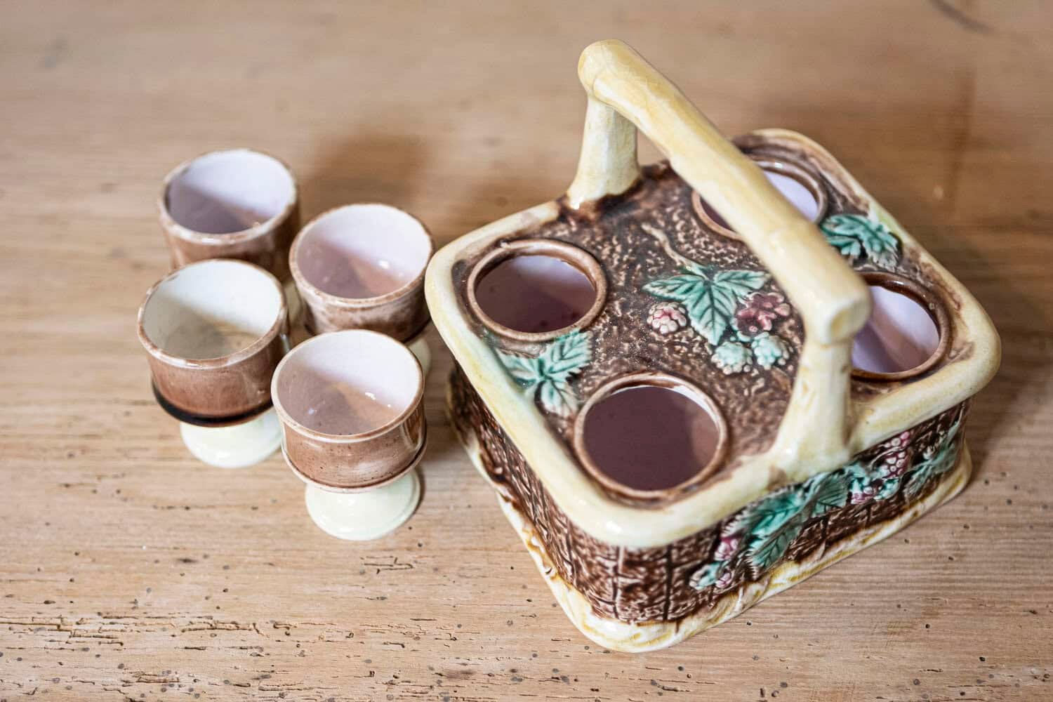 French 19th Century Rare Tea Set with Foliage Adorned Majolica Basket - JAA