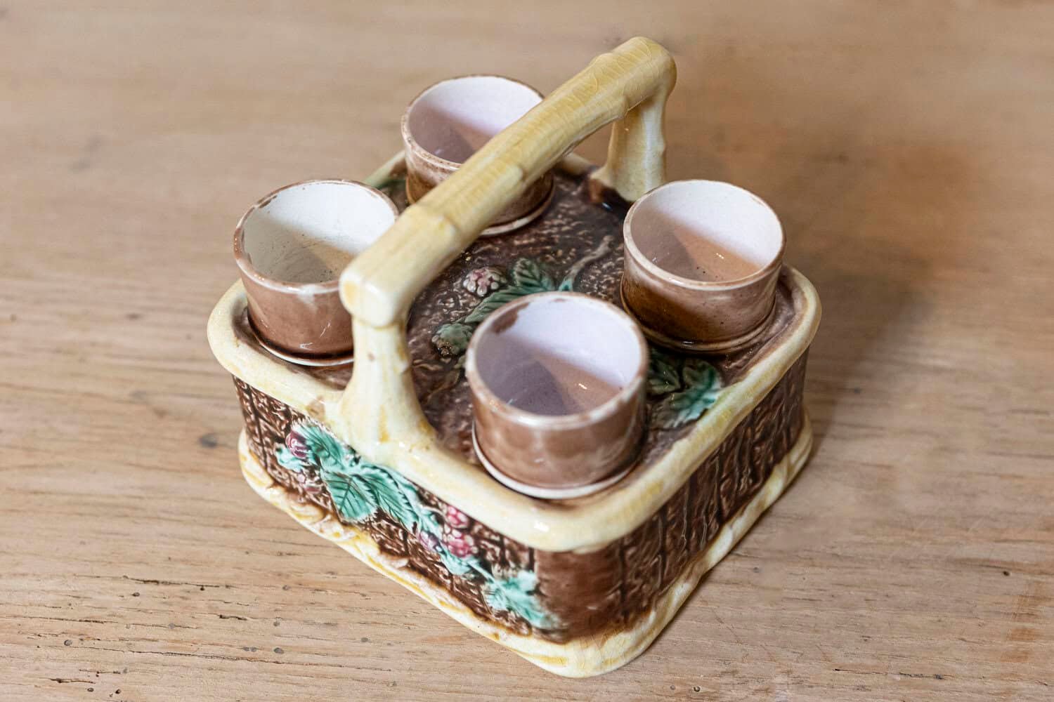 French 19th Century Rare Tea Set with Foliage Adorned Majolica Basket - JAA