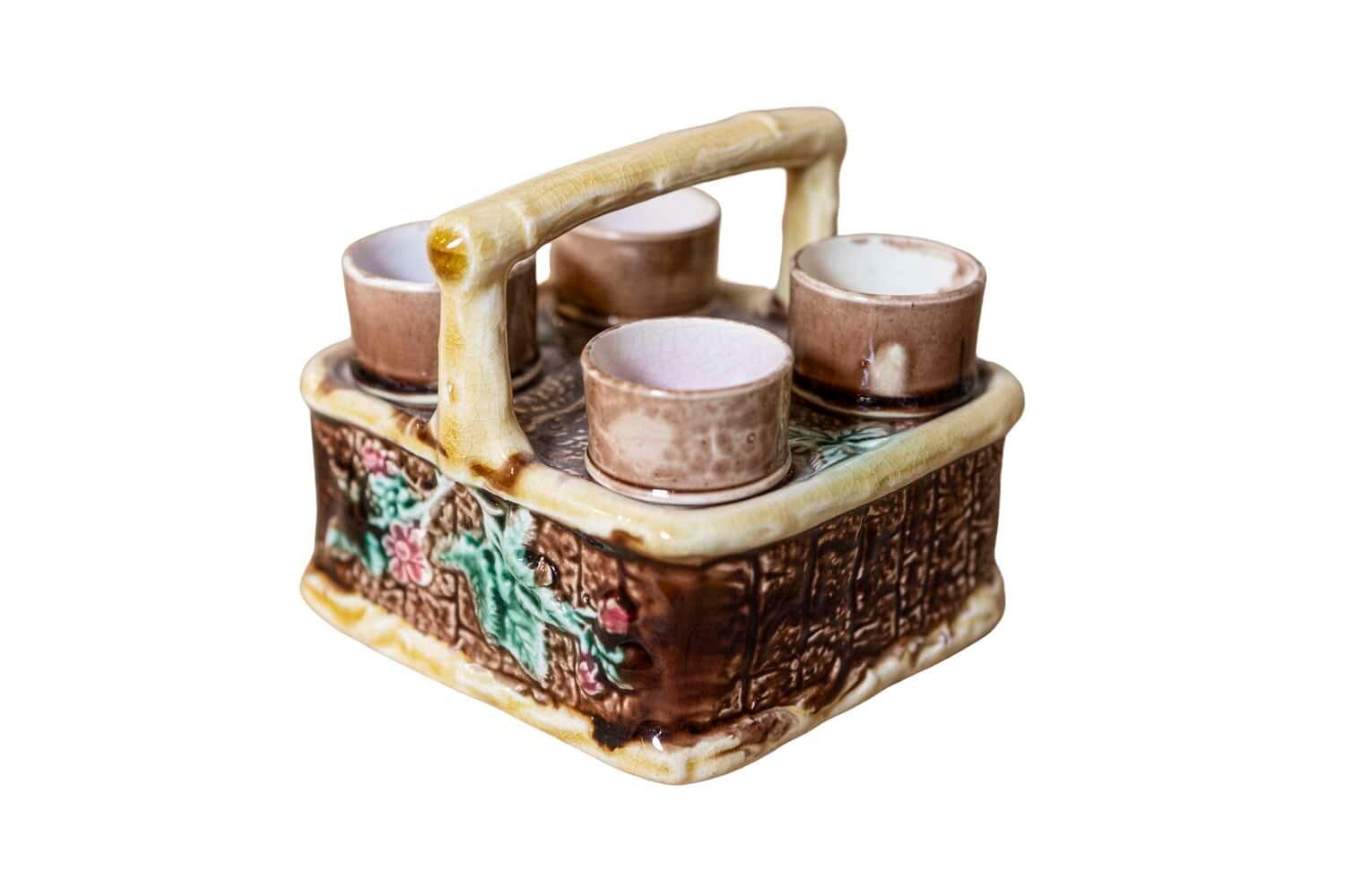 French 19th Century Rare Tea Set with Foliage Adorned Majolica Basket - JAA