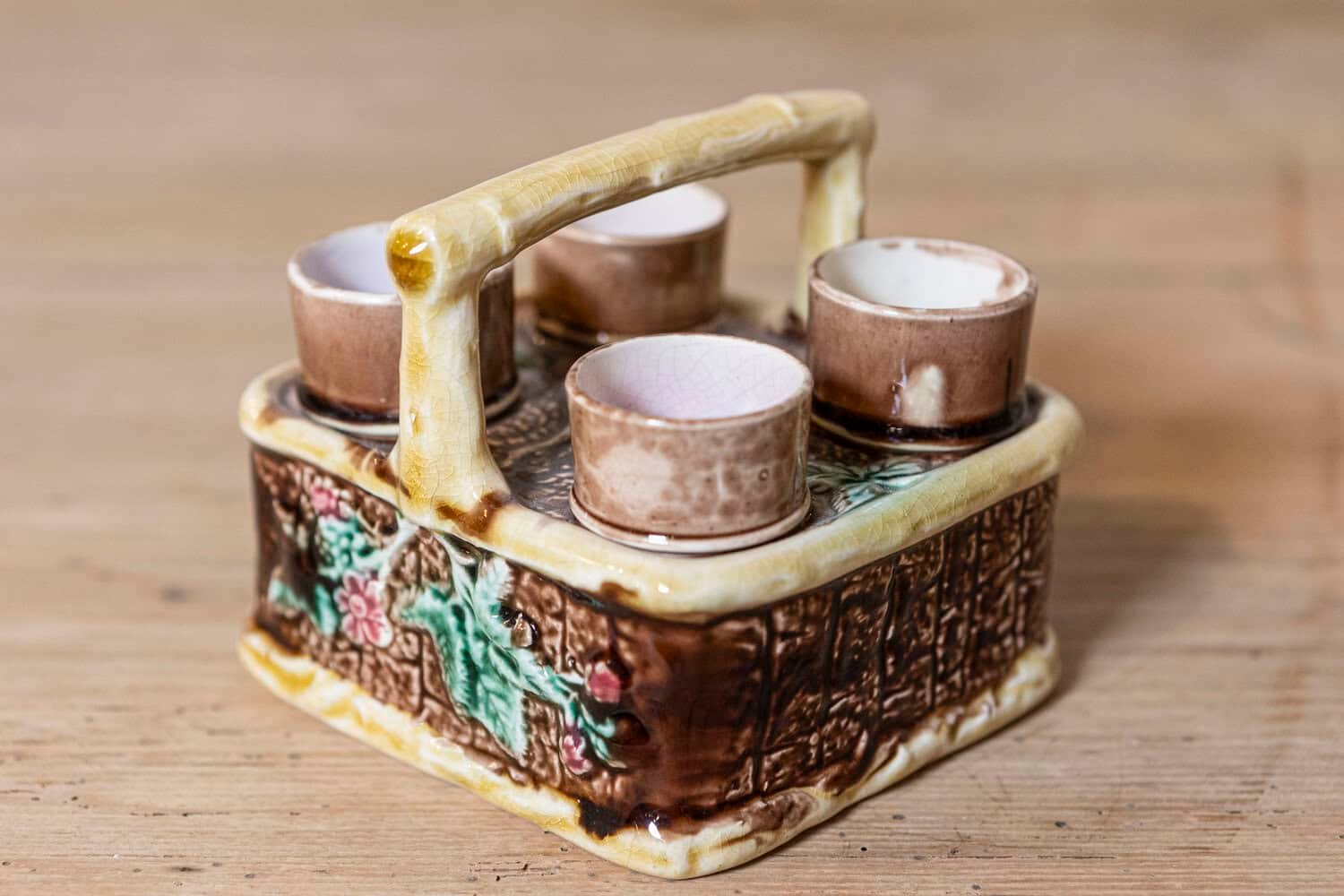 French 19th Century Rare Tea Set with Foliage Adorned Majolica Basket - JAA