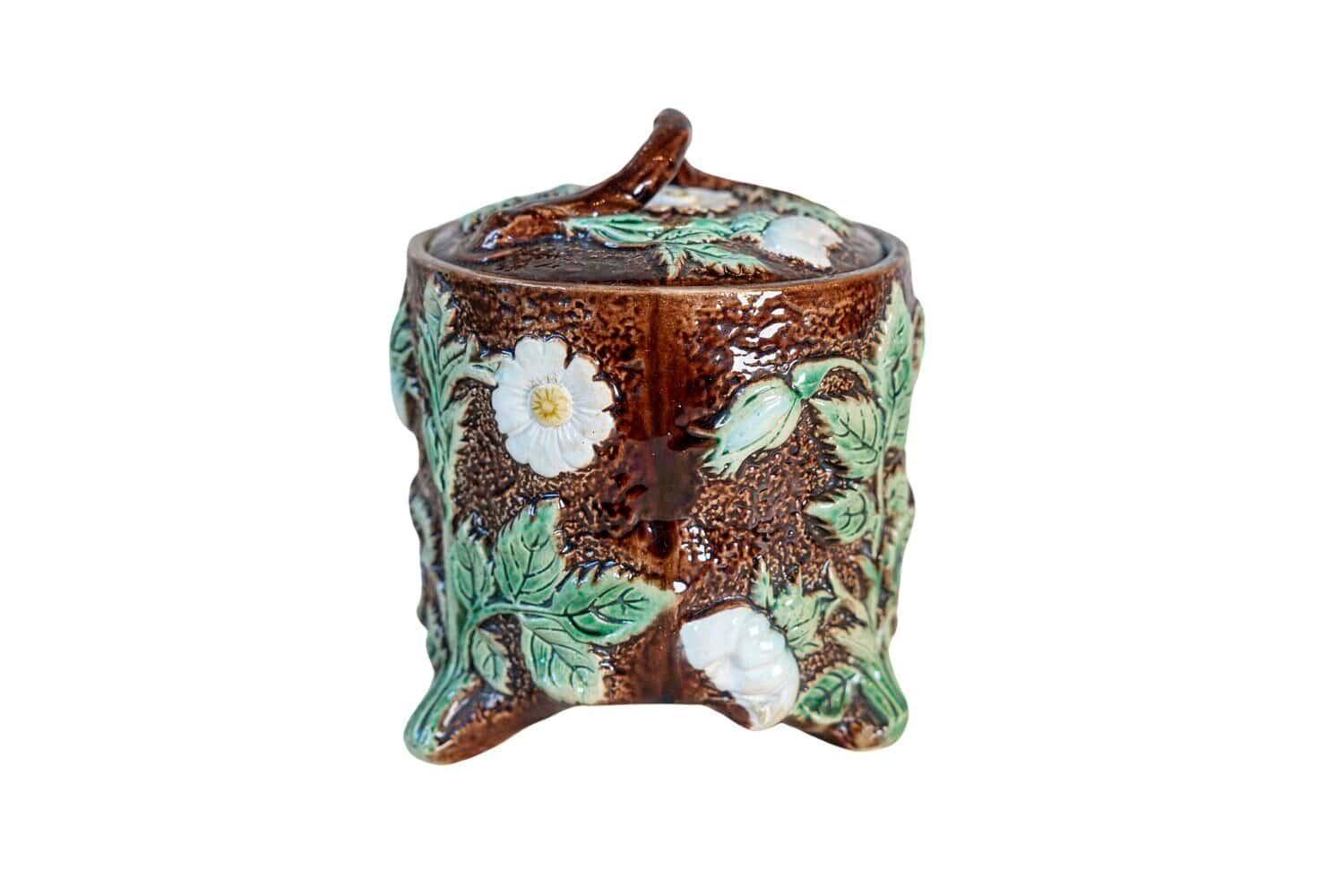 French 19th Century Brown Majolica Lidded Jar with Moulded Floral Décor