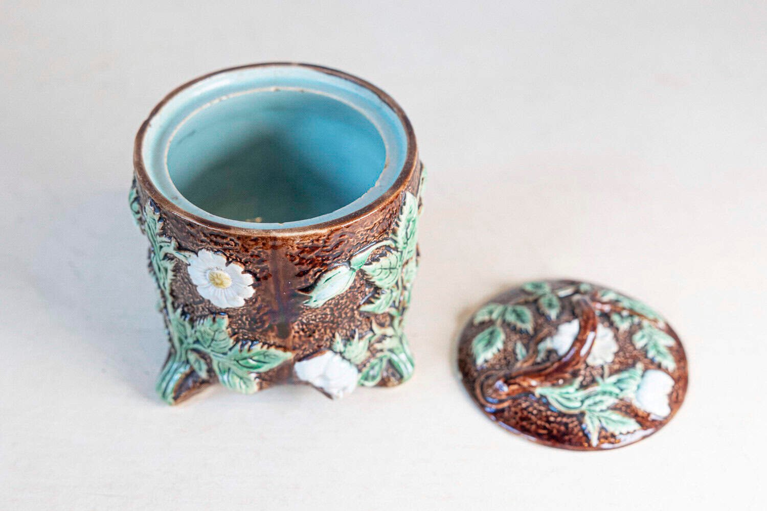 French 19th Century Brown Majolica Lidded Jar with Moulded Floral Décor - JAA