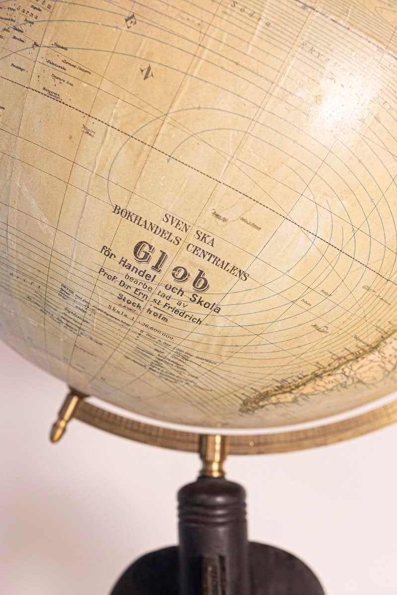 Large Swedish 1910s Freestanding Terrestrial Globe on Black Carved Base - JAA