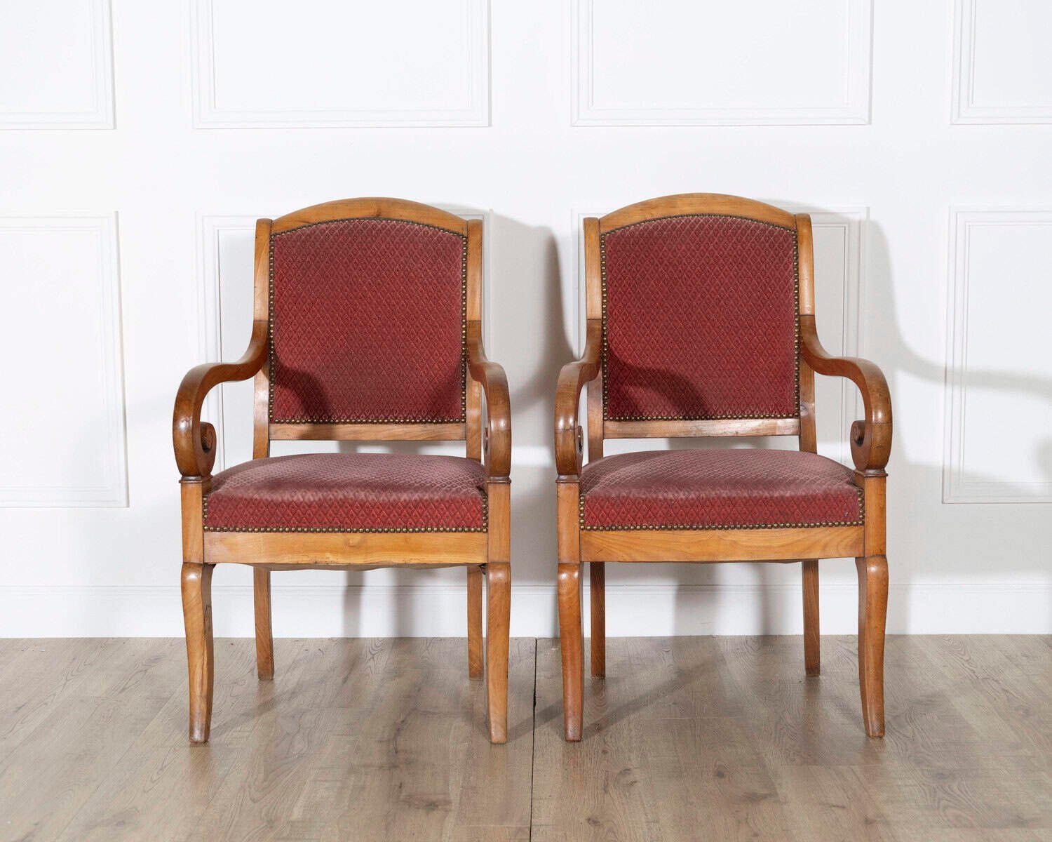 Pair of Louis Philippe Cherry Wood Armchairs with Upholstered Seats - JAA