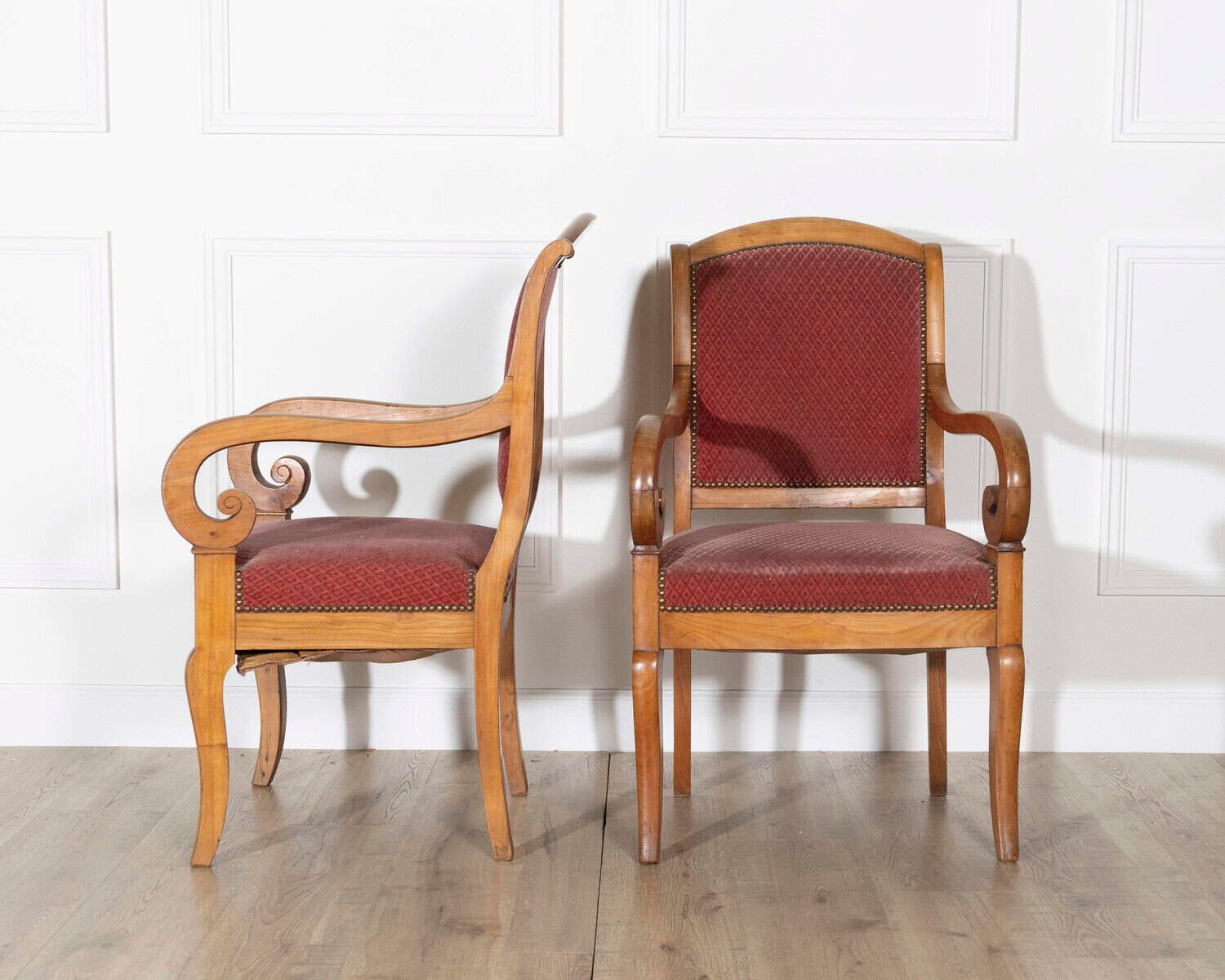 Pair of Louis Philippe Cherry Wood Armchairs with Upholstered Seats - JAA