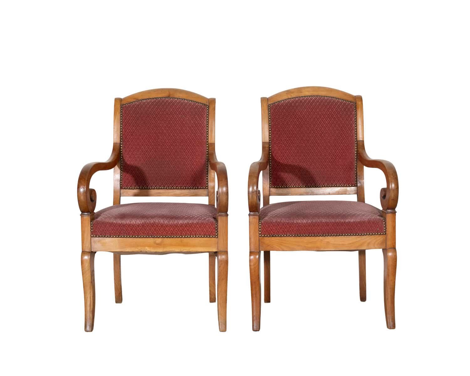 Pair of Louis Philippe Cherry Wood Armchairs with Upholstered Seats