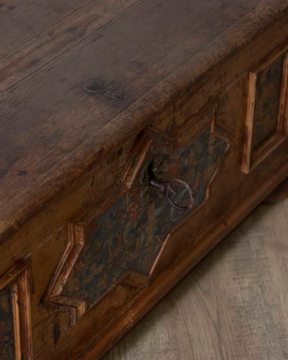 Austrian Tyrolean 19th Century Painted Fir Chest with Star Rosette Panel and Original Hardware - JAA